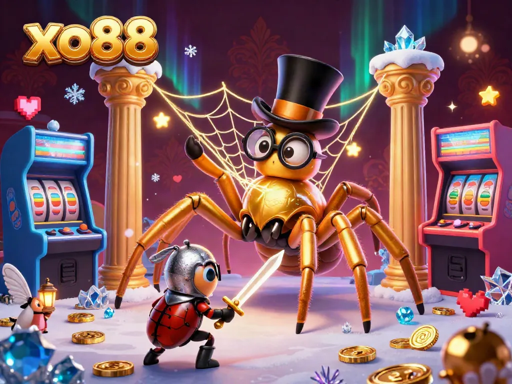 Experience vibrant gaming adventures at xo88 with a whimsical scene featuring a golden tarantula and beetle knight amid arcade machines.