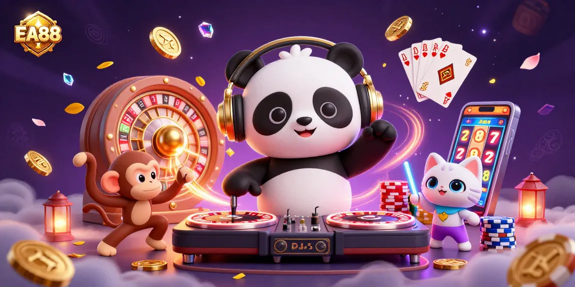 Experience excitement with EA88 as DJ panda spins roulette wheels amidst rich casino elements.