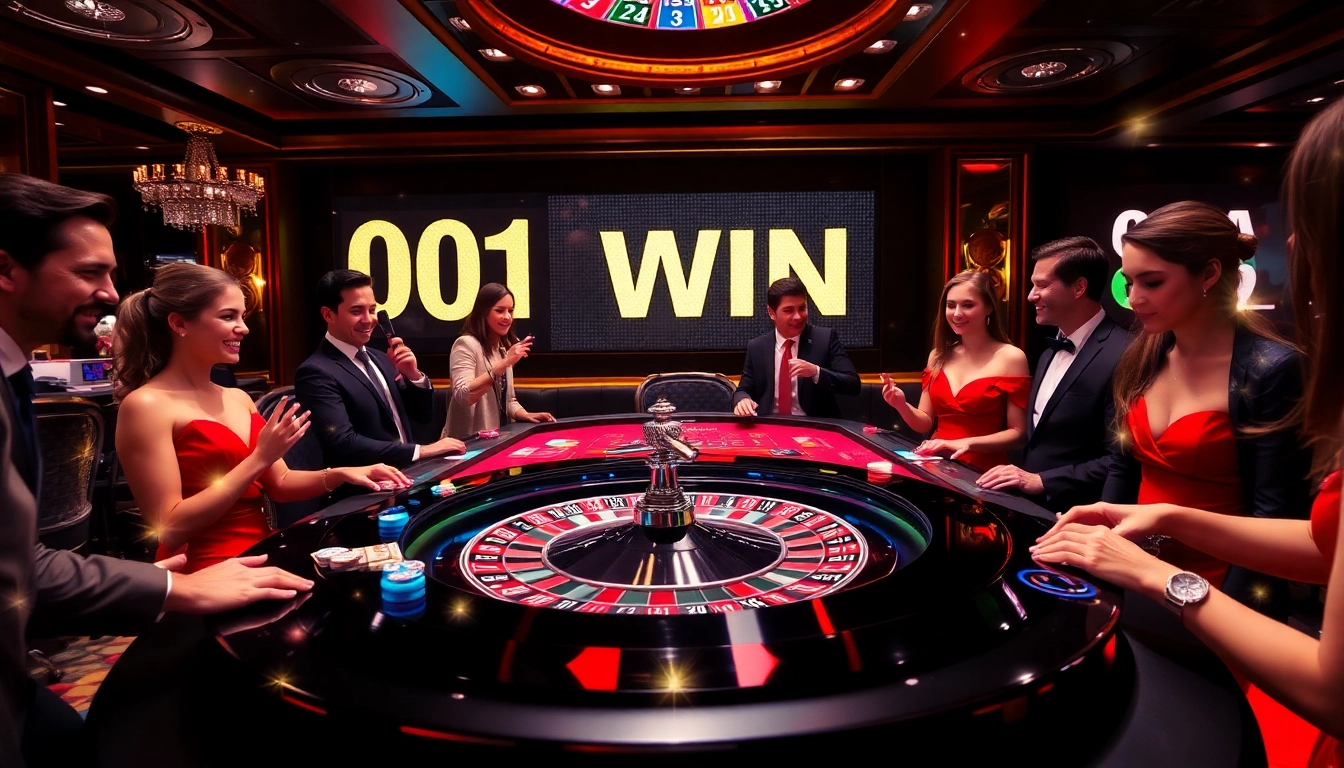 Cena empolgante de jogadores aproveitando jogos no cassino 001WIN com roleta e pôquer.