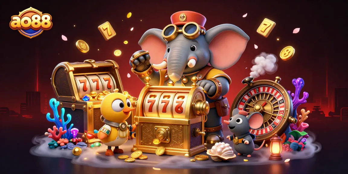 Experience the thrill of gaming at ao88 with a steampunk elephant engineer and exciting casino elements.