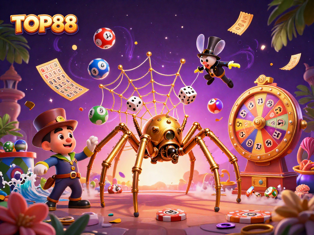 Engage with TOP88's vibrant 3D casino scene filled with dynamic lottery elements and animated characters.