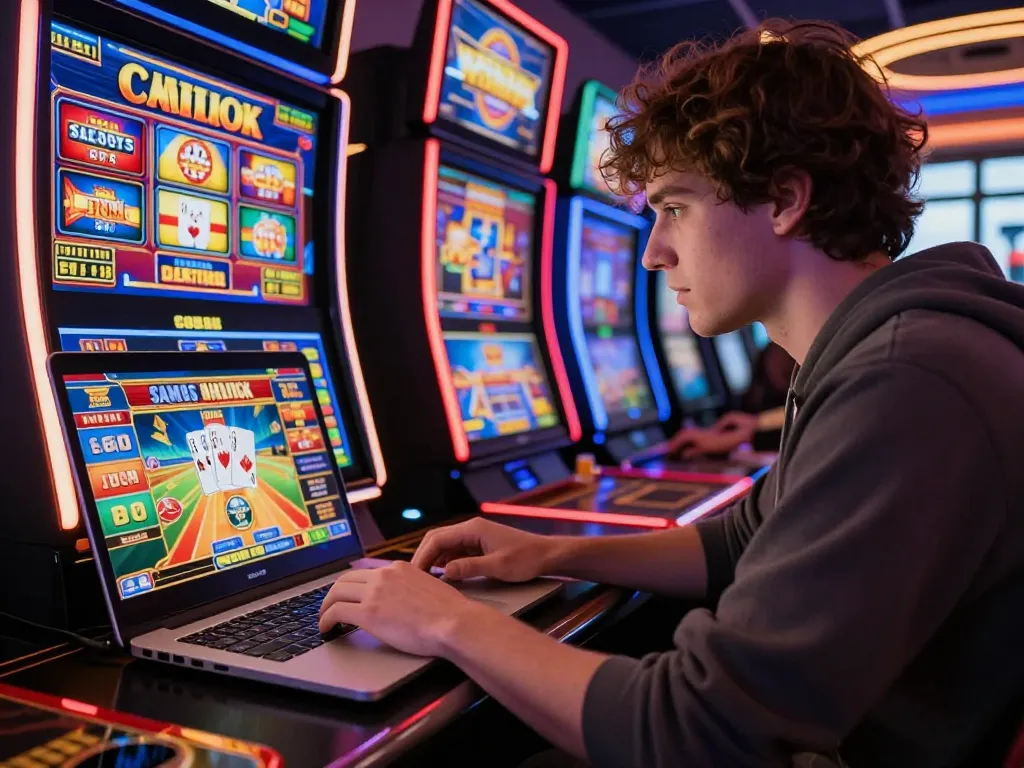 Immersed in online gaming at AQ777, vibrant atmosphere with casino visuals.