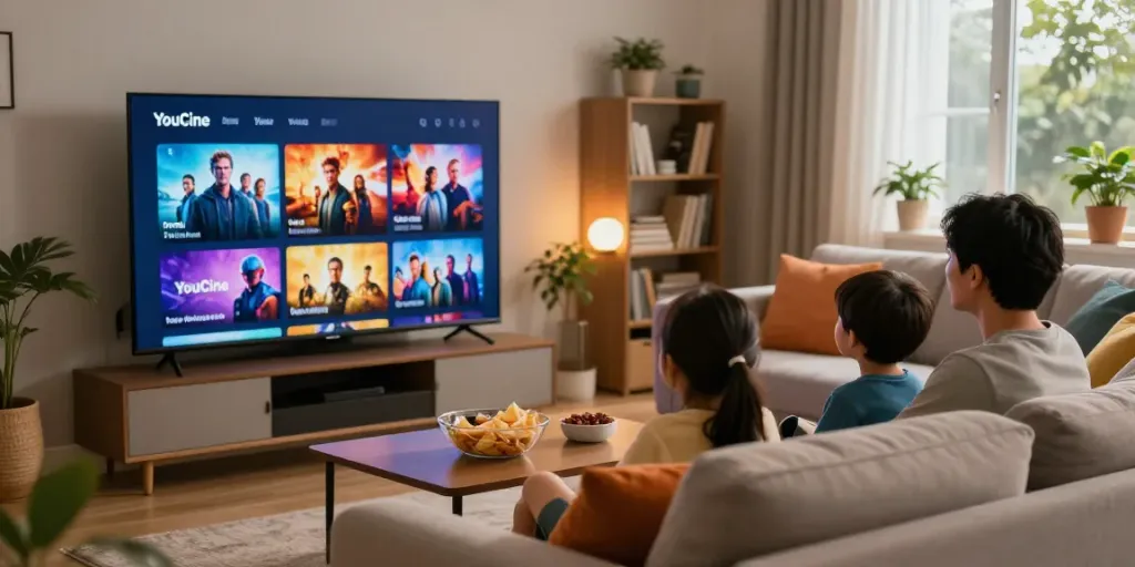 Configuração de sala de estar moderna com a interface do YouCine na TV, ideal para assistir filmes em família em https://youcinetvapk.com/youcine-tv-box/.