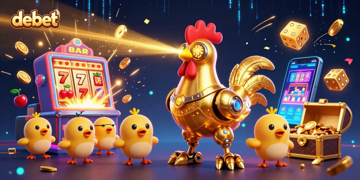 Engage in thrilling gameplay at debet with a vibrant 3D casino scene featuring a golden rooster robot.