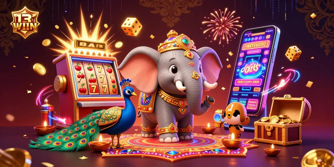 Engage with dynamic 3D visuals at 13WIN featuring an ornate elephant, jackpot explosions, and exciting casino elements.