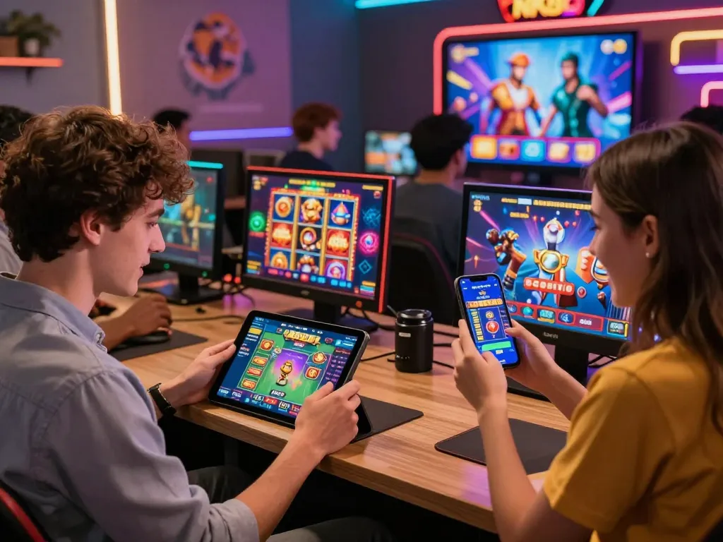 Exciting NK88 app gaming moment with diverse players celebrating wins in a modern lounge.