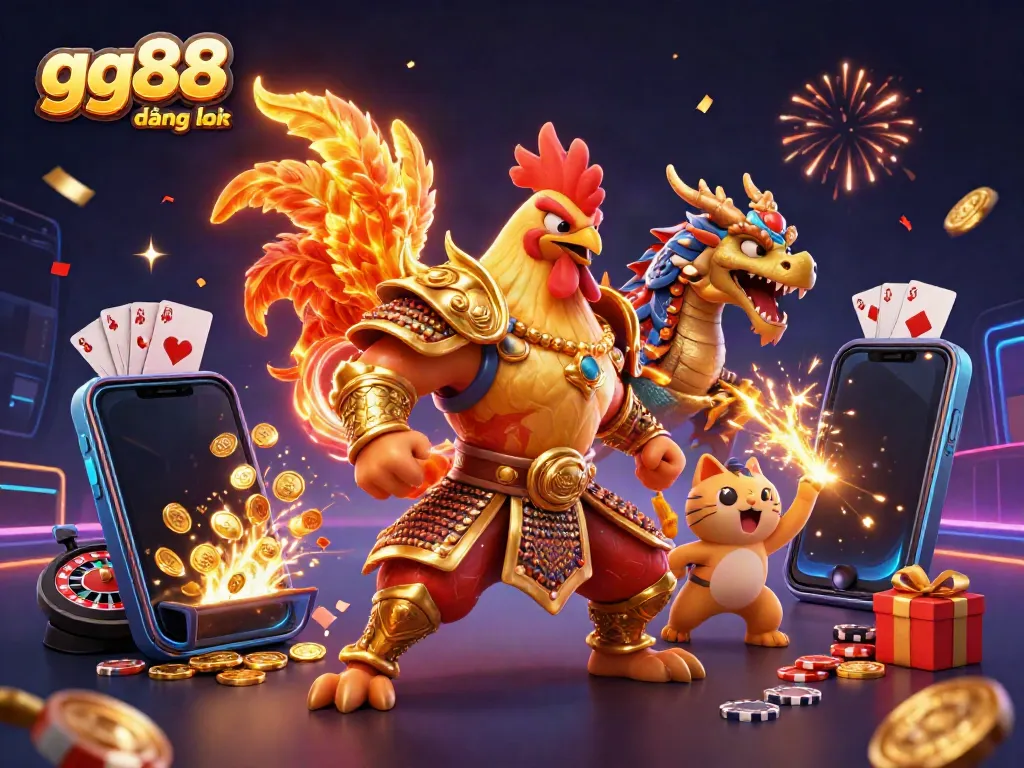Engage with the spirited gg88 đăng nhập scene featuring a vibrant 3D rooster warrior and dragon amidst casino excitement.