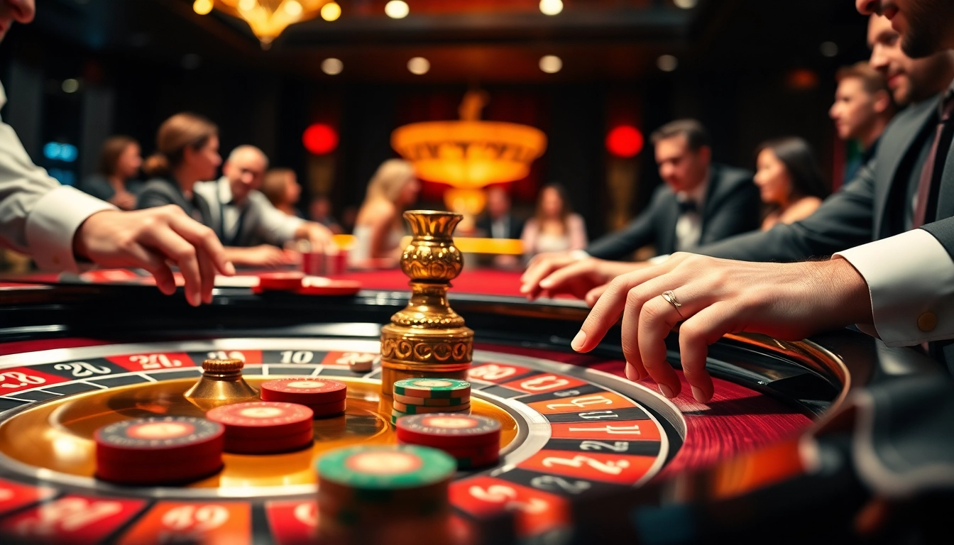 Les joueurs s'amusent aux casinos en ligne autour d'une table de roulette vibrante.