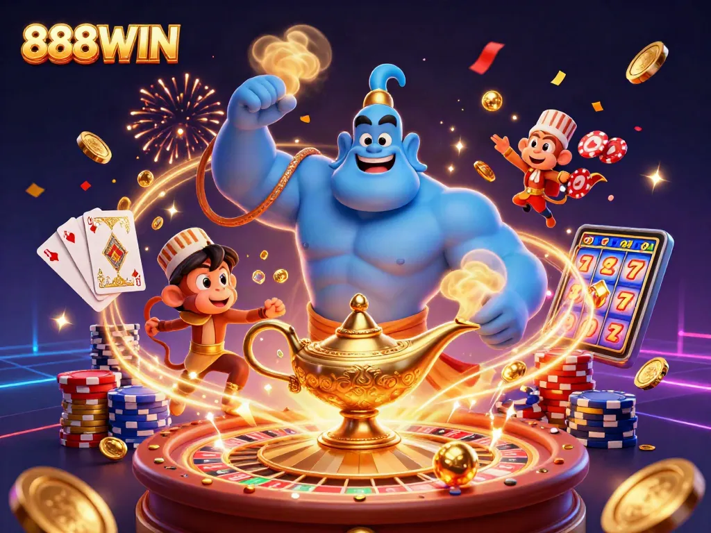 Experience thrilling gameplay with 888WIN in this vibrant 3D casino scene filled with magical elements.