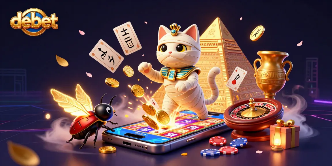 Engage in thrilling casino action with debet, featuring a cartoon Egyptian mummy cat amidst vibrant gaming elements.