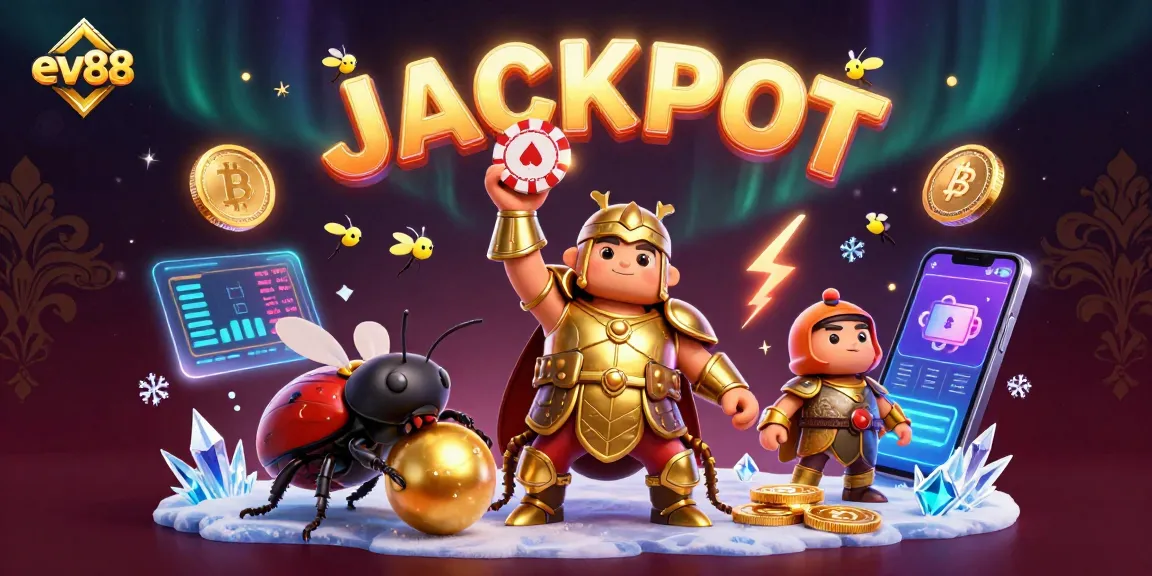 ev88 casino-themed 3D illustration featuring unique beetles celebrating a jackpot with vibrant elements.