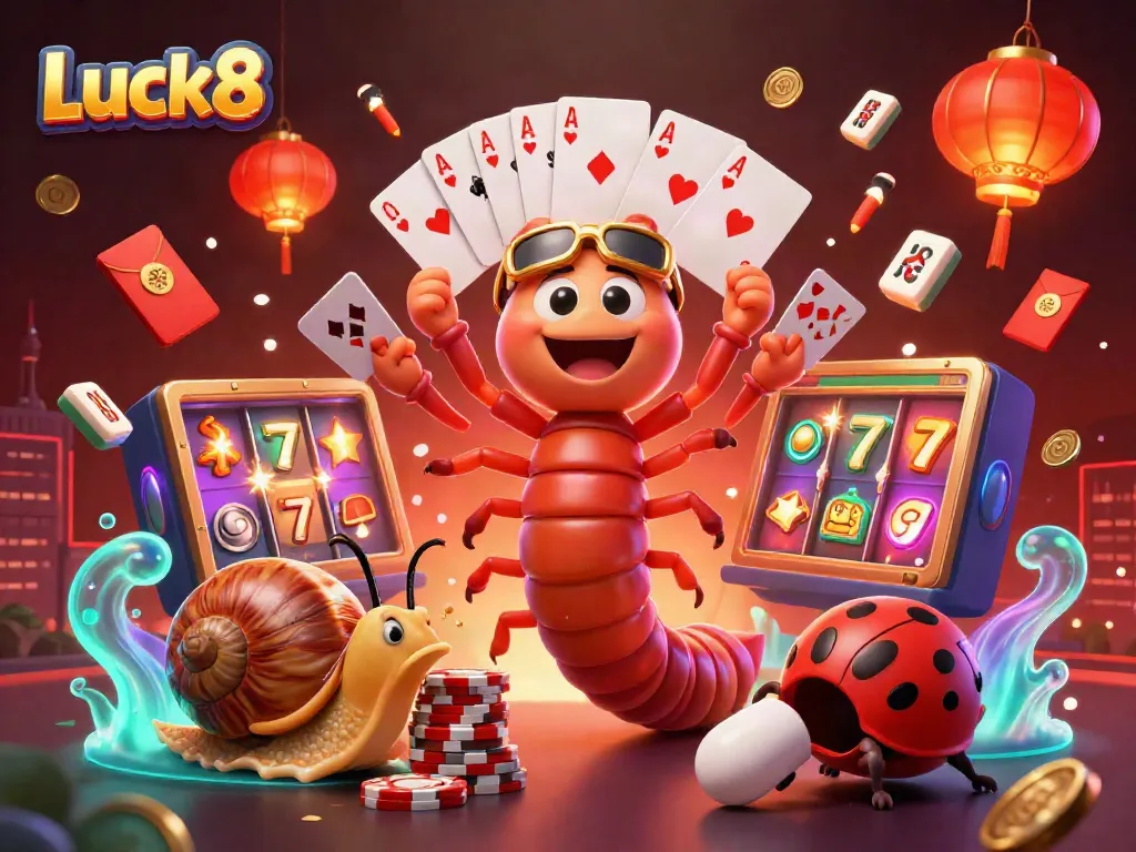 Experience Luck8's dynamic casino atmosphere with a millipede dealer and chip-stacking snail.