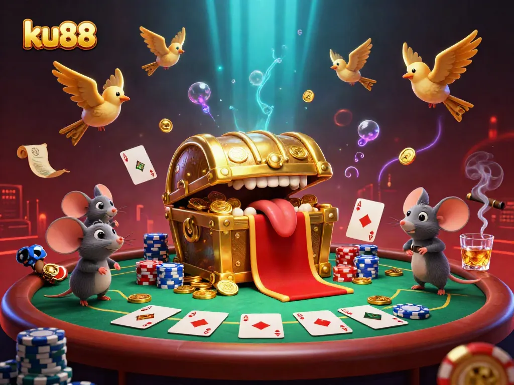 Experience thrilling riches with ku88's charming golden treasure chest and exciting poker elements in this vibrant scene.