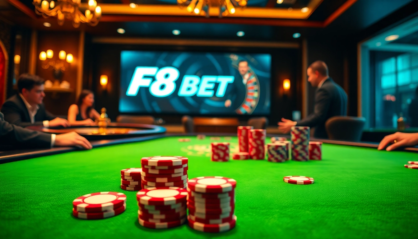 Action-packed gambling scene at F8 BET casino showcasing poker and roulette excitement.