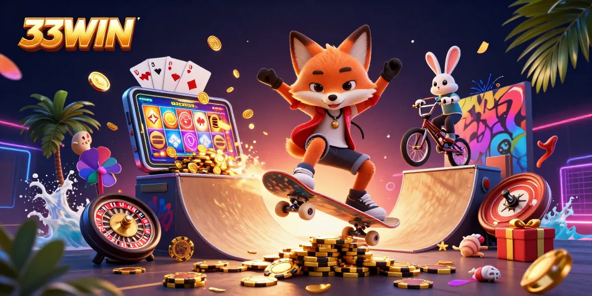 Catch the action with 33WIN's vibrant 3D scene of a fox and rabbit in a casino-themed adventure.