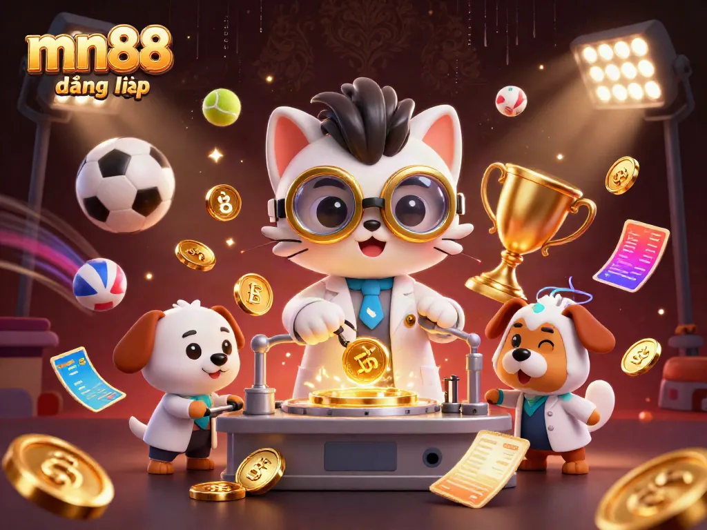 Experience the thrill of mn88 đăng nhập with mad scientist characters creating gold coins in a dynamic casino scene.