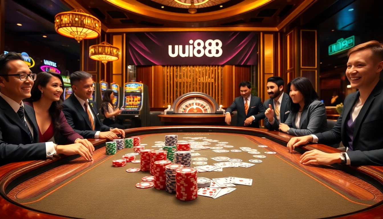 Players enjoying a thrilling poker game at uu88 casino with vibrant chips and cards.