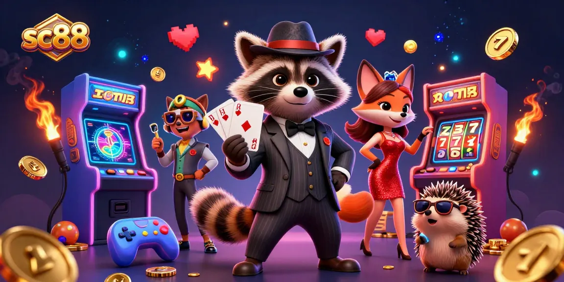 Experience thrilling excitement at sc88 with a raccoon in a suit, fox in a sequin dress, and vibrant casino elements.
