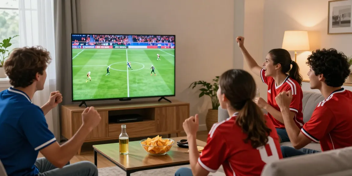 Friends enjoying football match at home with multicanais streaming live sports in HD