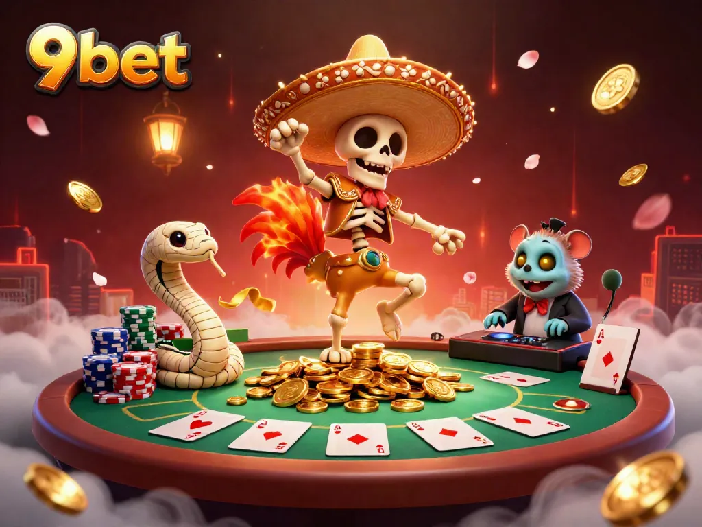 Experience the excitement of 9bet with a lively casino scene featuring a skeleton mariachi rooster and a mummy snake.