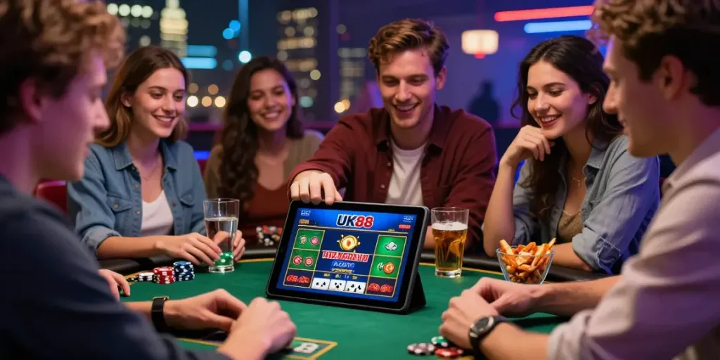 Engaged friends enjoying online gambling at https://uk88win.org/ in a vibrant urban setting.
