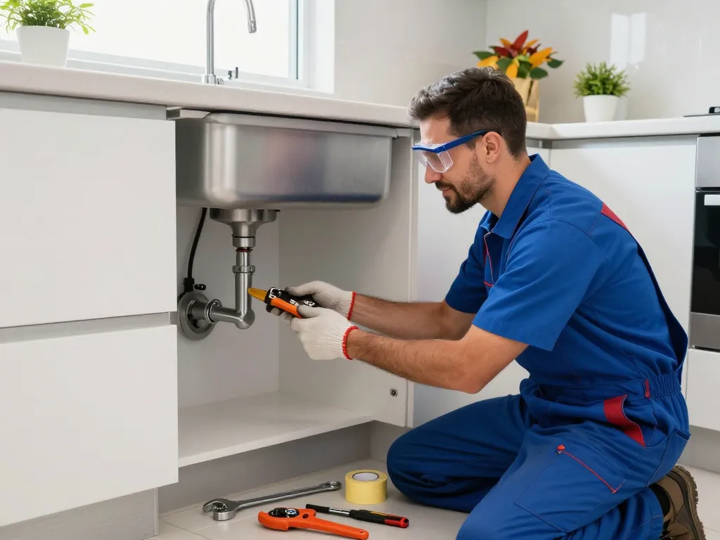 Encanador em São Paulo fixing kitchen plumbing, showcasing tools and bright environment.