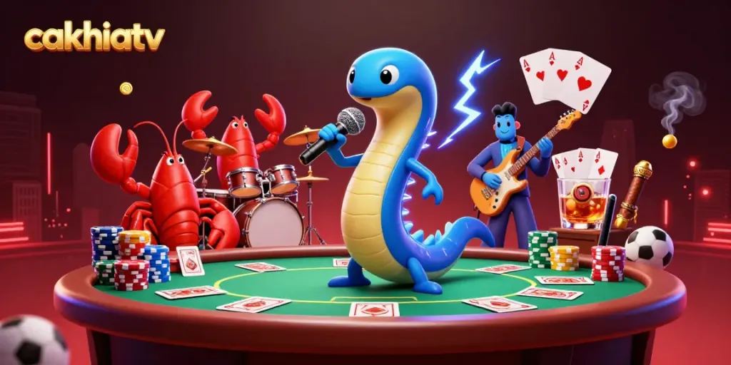 Cakhiatv showcases an electric eel DJ with vibrant casino elements in a dynamic underwater scene.