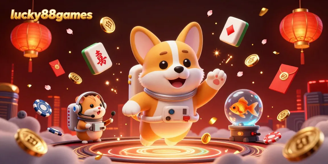 Join the fun at lucky88games with a floating corgi astronaut gambling in a vibrant casino!