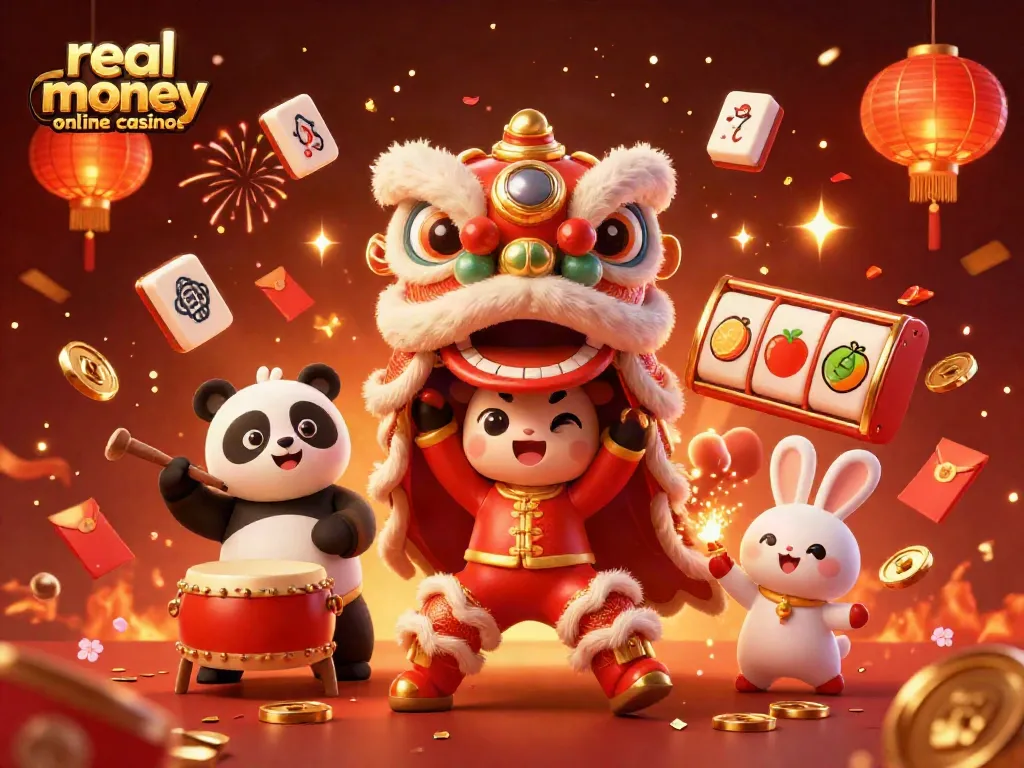 Experience the excitement of real money online casinos with vibrant 3D characters in a festive scene.