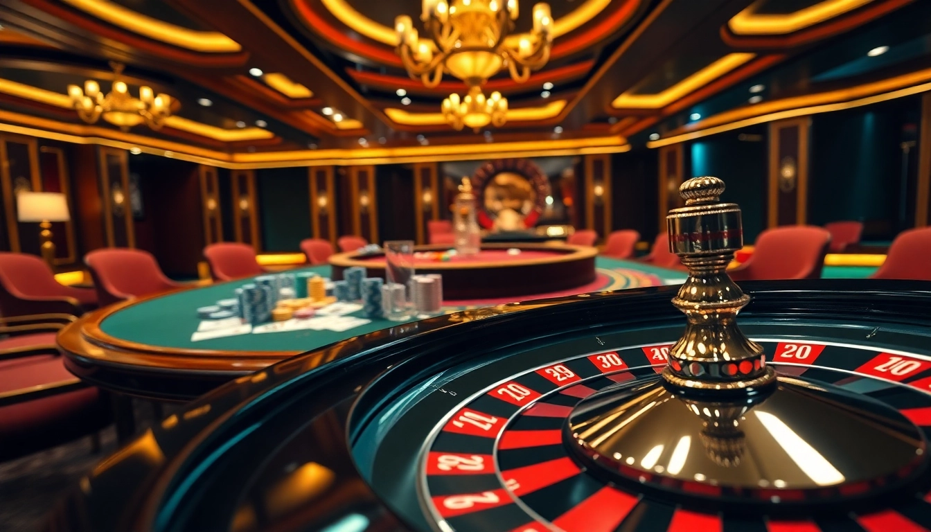 Sunwin enhances your gaming with lively poker tables and shining roulette wheels in a luxurious casino setting.