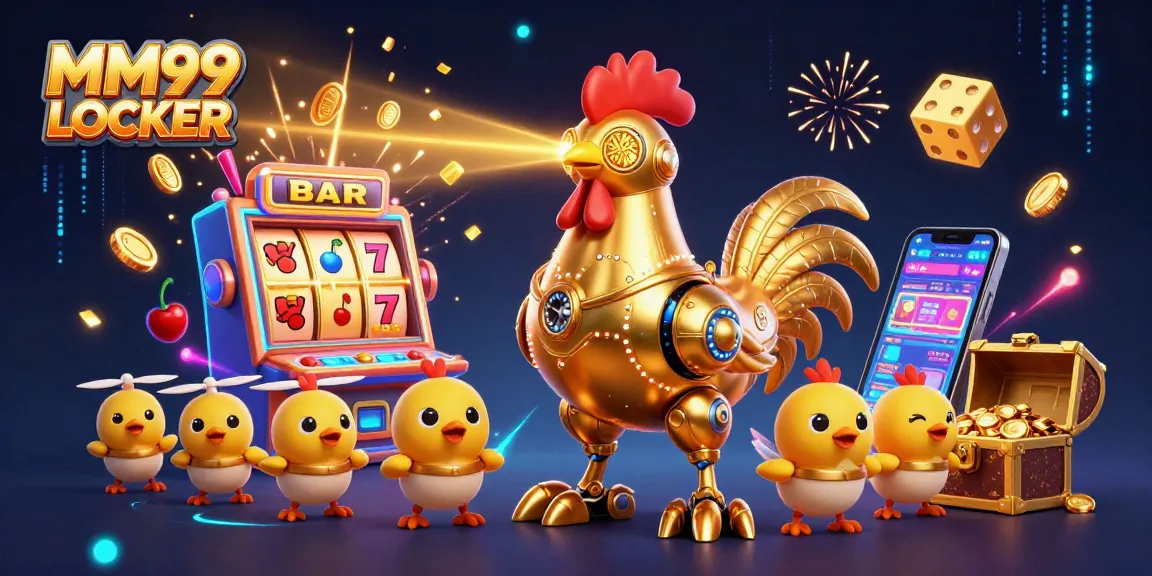 Engage in thrilling gameplay at MM99 LOCKER with golden rooster robot and dynamic casino elements.