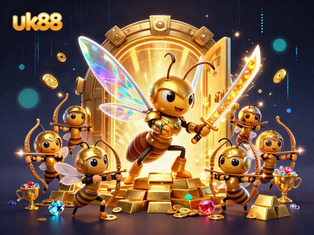 Engage in thrilling online gaming at UK88, depicted by a dynamic scene with a samurai hornet and treasure.