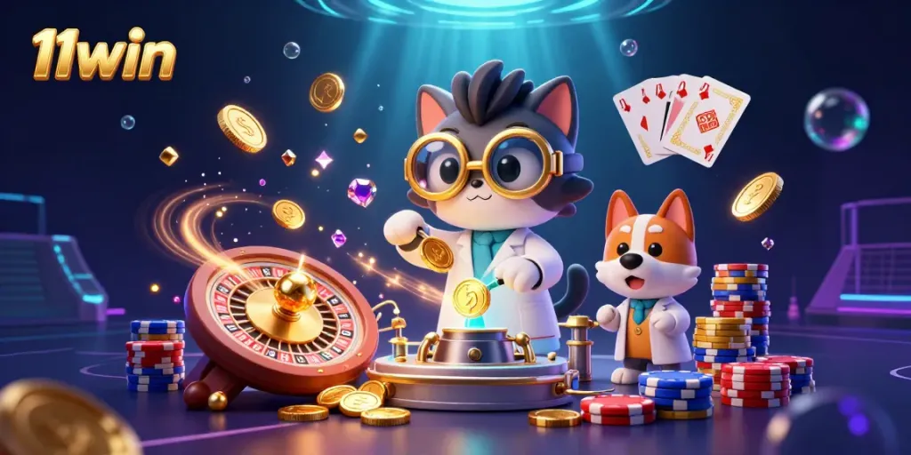 Experience thrilling gaming with 11win's dynamic casino adventure featuring golden coins, gems, and vibrant characters.