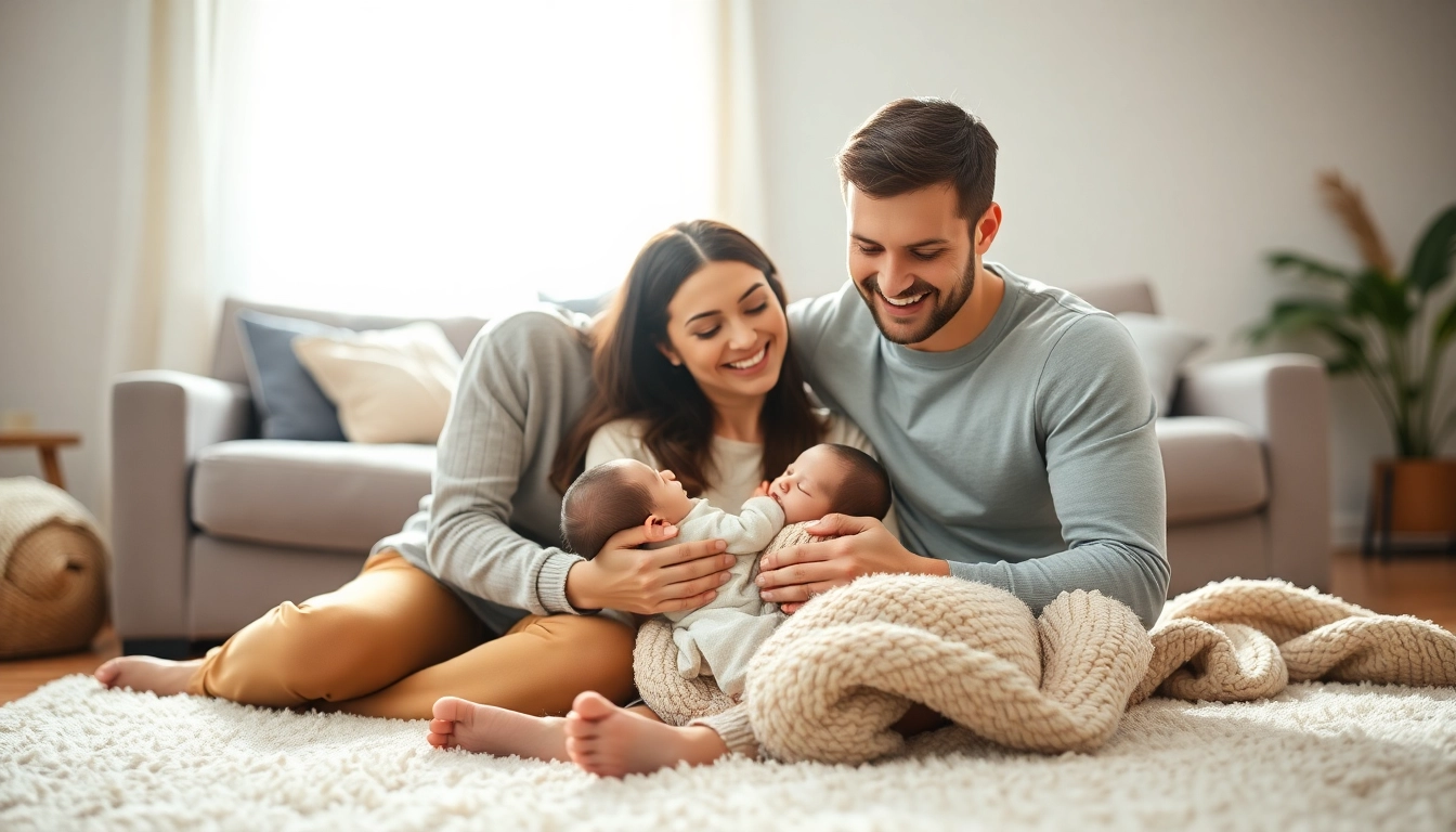 A loving family with newborn baby cherishing moments at home in a cozy living room.