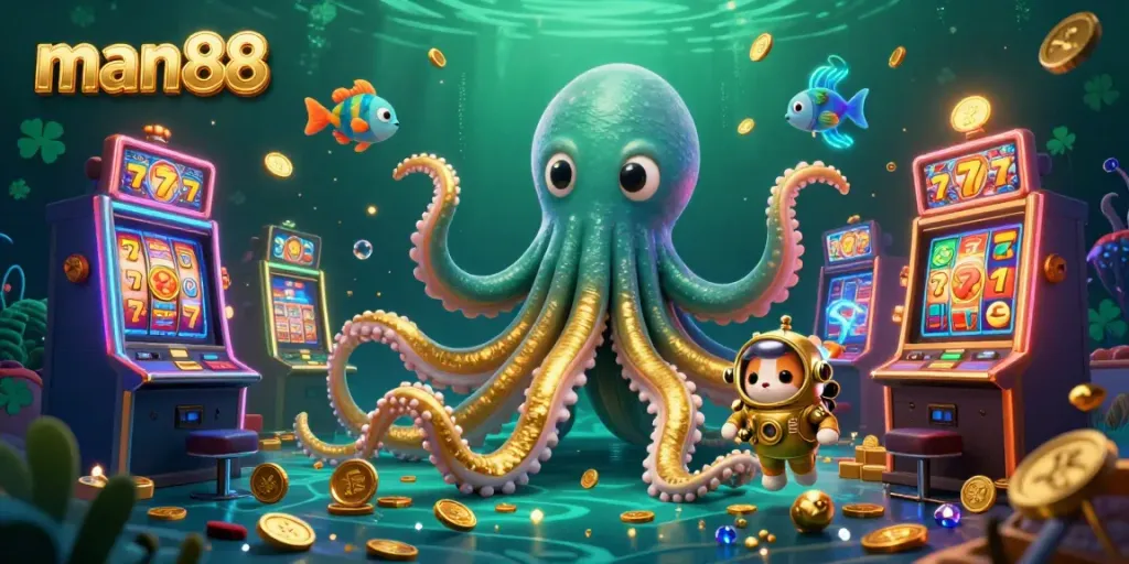 Spin the slots at man88's vibrant casino, showcasing fun characters and dazzling treasures.
