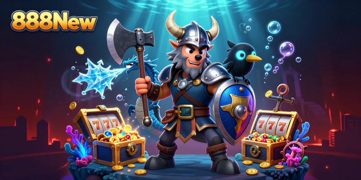 Experience big wins at 888New with a vibrant slot game scene featuring Viking characters and treasures