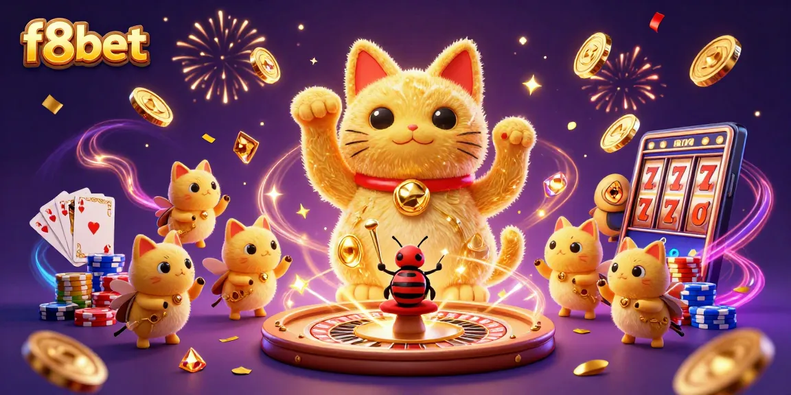 Experience winning thrills with f8bet's golden lucky cat and casino symbols.