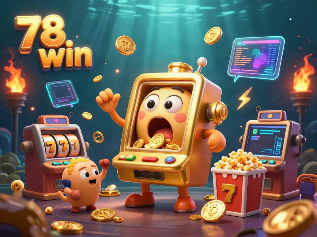 Feel the excitement of 78 win as a golden slot machine celebrates its jackpot victory amidst vibrant casino elements.