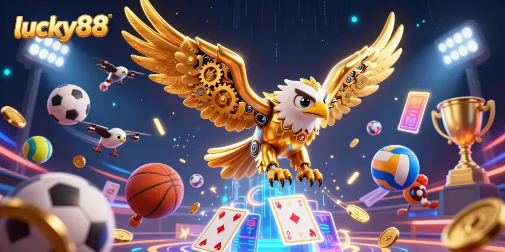 Experience thrilling gameplay at lucky88 with dynamic sports elements and cybernetic eagle in a vibrant casino scene.