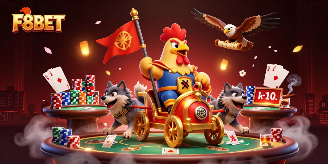 Experience immersive gaming with F8BET, featuring a dynamic scene of a rooster warlord and poker elements.