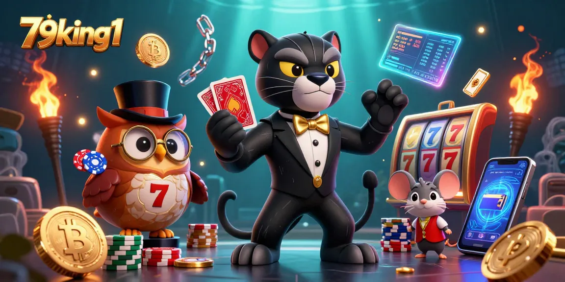 Engage in thrilling slot games at 79king1 with a stylish panther dealer, vibrant coins, and energetic atmosphere.