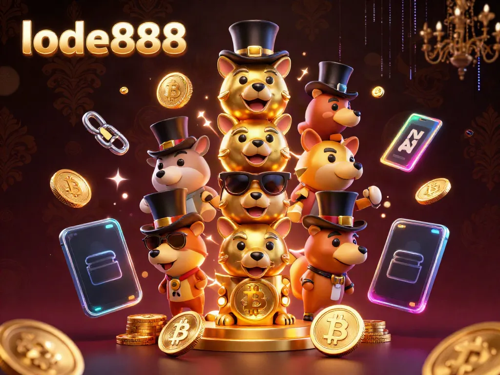 Engage with lode888's vibrant 3D casino illustration showcasing golden totem and crypto elements.