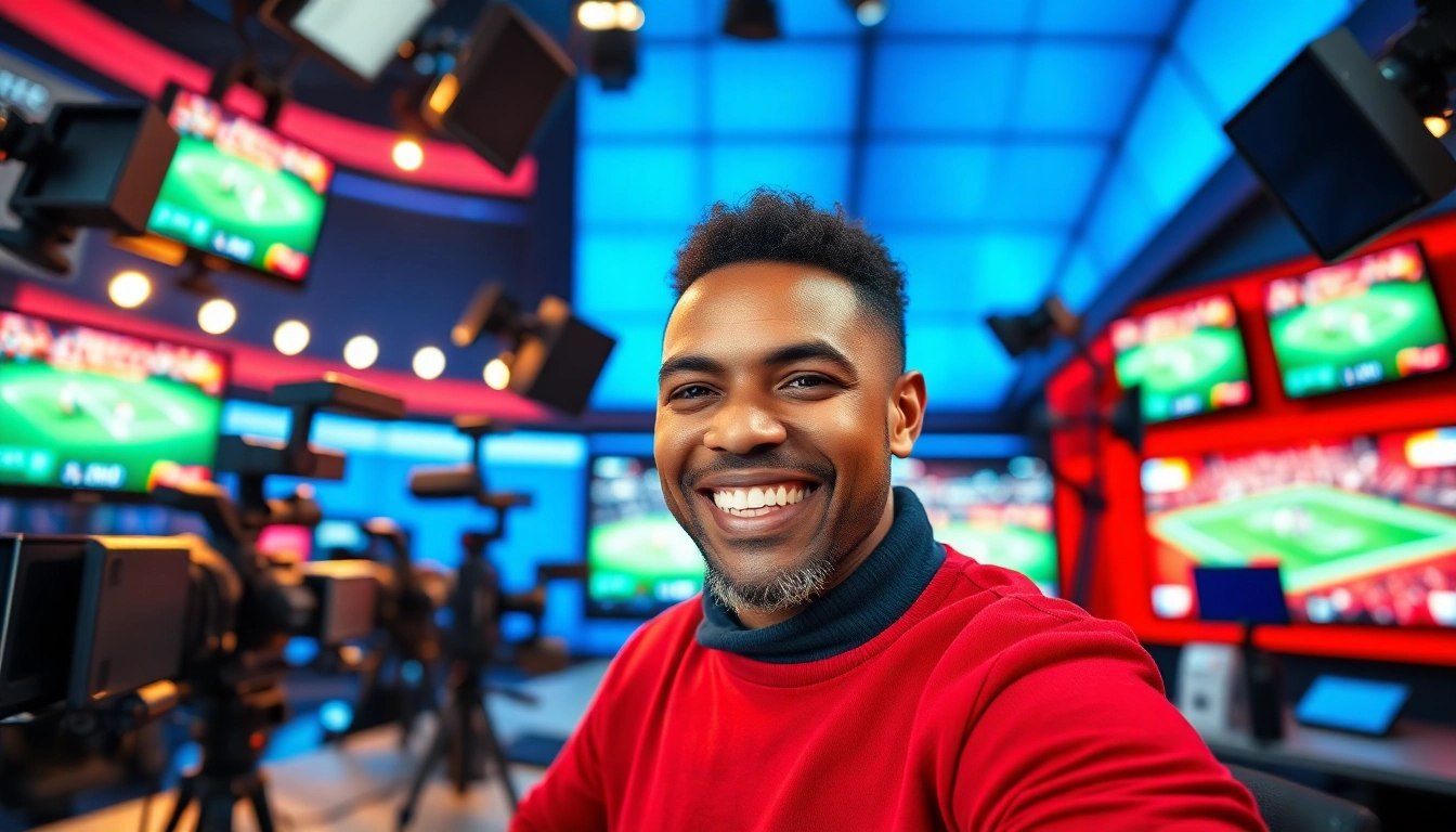 Sports Broadcasting professional energetic in a studio with dynamic visuals.