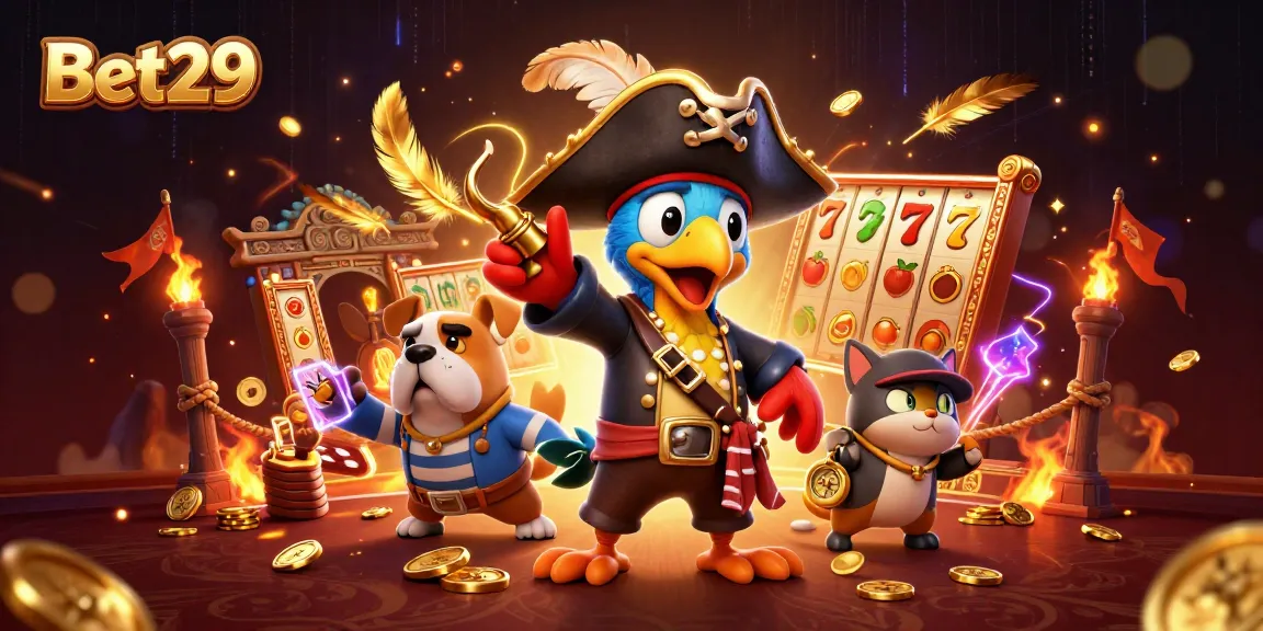 Bet29 offers an exciting 3D casino illustration packed with vibrant characters and game elements.