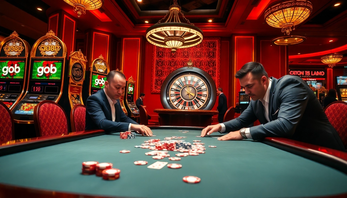 Go8 poker players strategize at a luxurious casino table with vibrant poker chips.