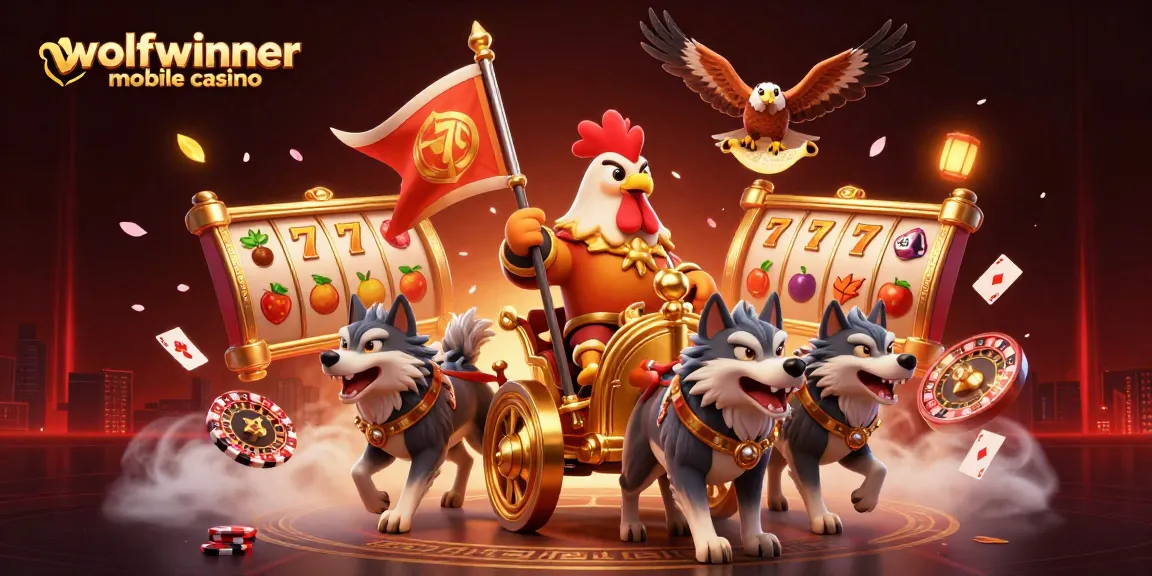 Experience excitement at wolfwinner mobile casino with a vibrant 3D cartoon scene of games and champions.