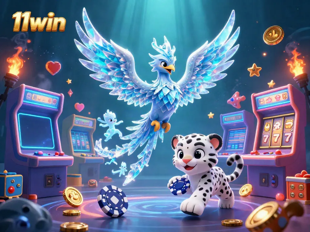 Experience the vibrant gaming world of 11win, featuring an ice phoenix and sparkling elements.