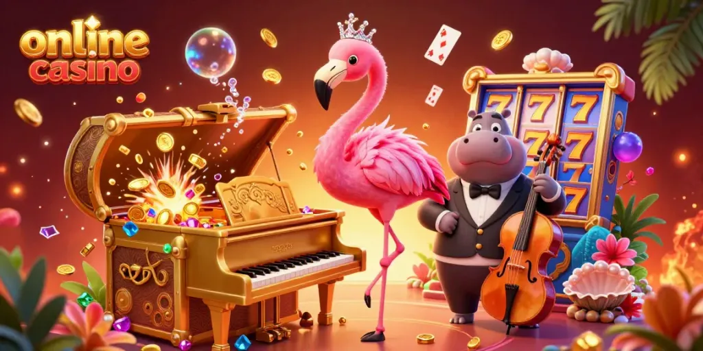 Experience the excitement with our vibrant illustration of an online casino scene featuring a lounge singer flamingo and bassist hippo.