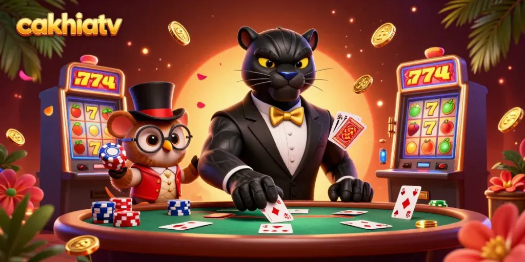 CakhiaTV showcases casino excitement with a stylish panther dealer, a wise owl, and a lucky mouse in a vibrant 3D illustration.