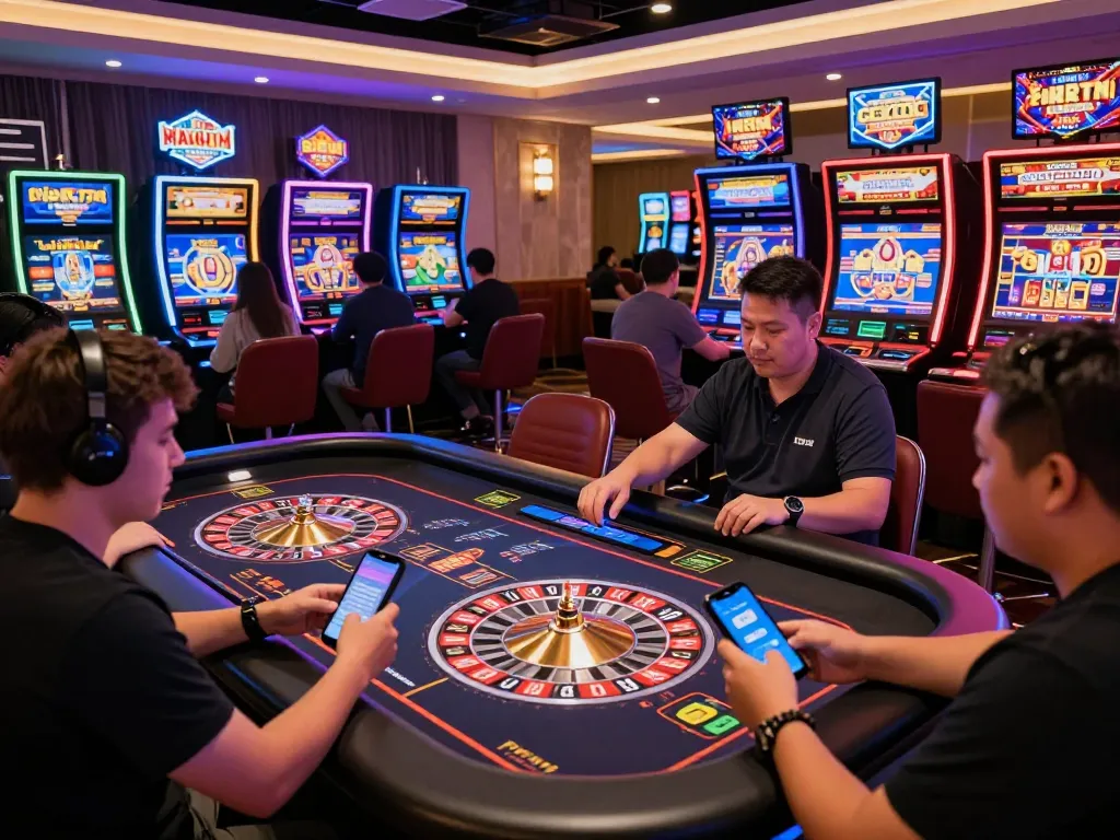 Players engaged in online casino games at TG88 lv, showcasing vibrant atmosphere and interactive digital experiences.
